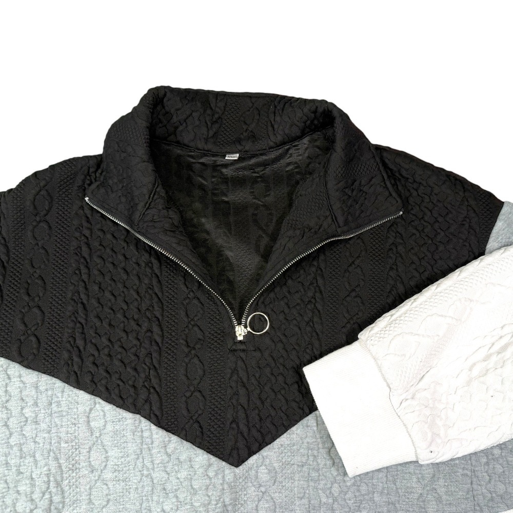 XXL Black Grey White Pullover Quarter Zip Cable Knit Texture Chevron Streetwear